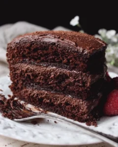 Ultimate decadent gluten free chocolate cake topped with chocolate frosting
