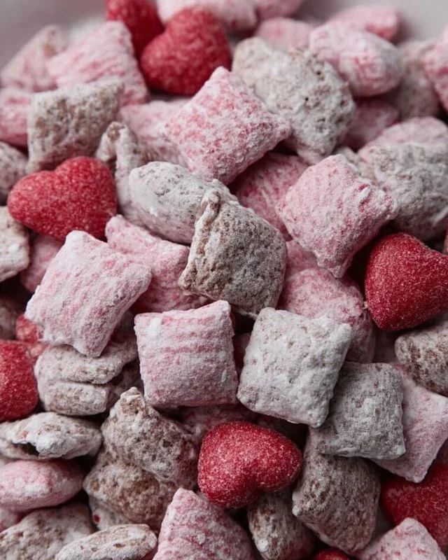 Valentine's Day themed Muddy Buddies snack bowl with heart-shaped decorations.