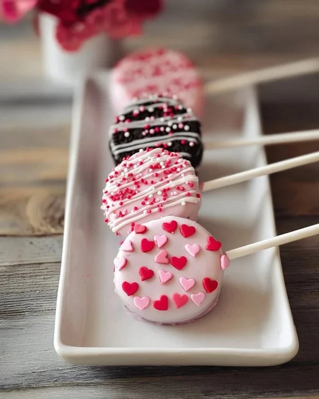 Valentine's Day themed Oreo Pops decorated with love.