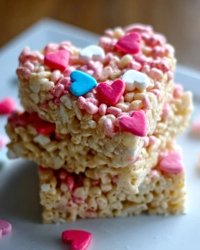 Colorful Valentine's Rice Crispy Treats shaped like hearts and decorated for the occasion
