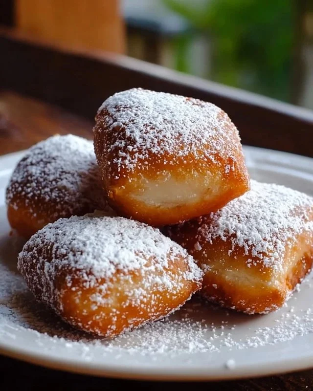 Fluffy Vanilla French Beignets dusted with powdered sugar on a plate