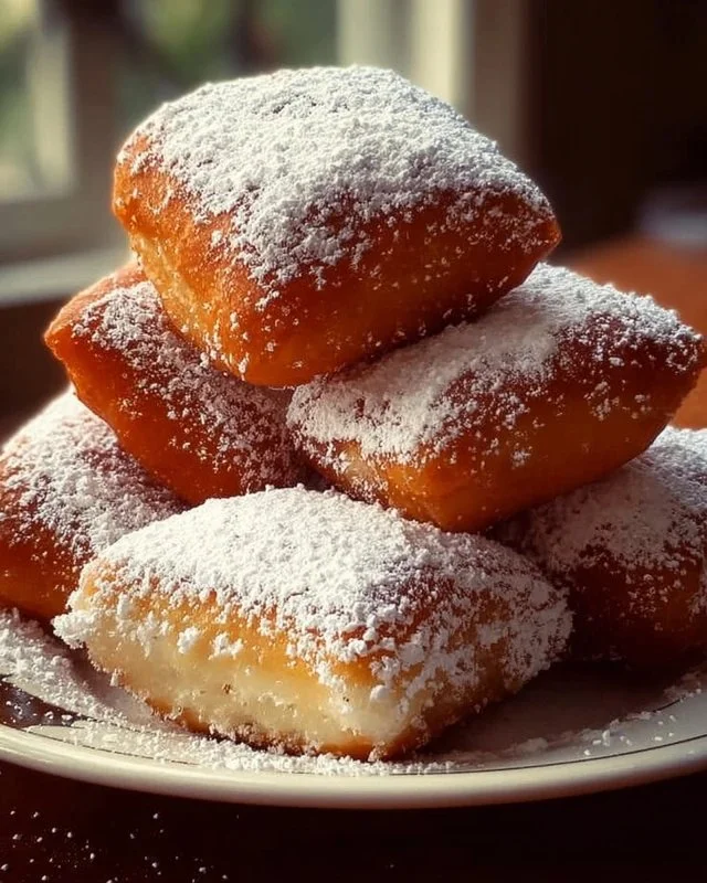 Delicious Vanilla French Beignets dusted with powdered sugar on a plate.