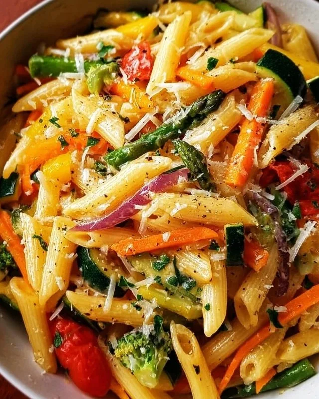 Delicious Vegetarian Pasta Primavera with colorful vegetables and herbs