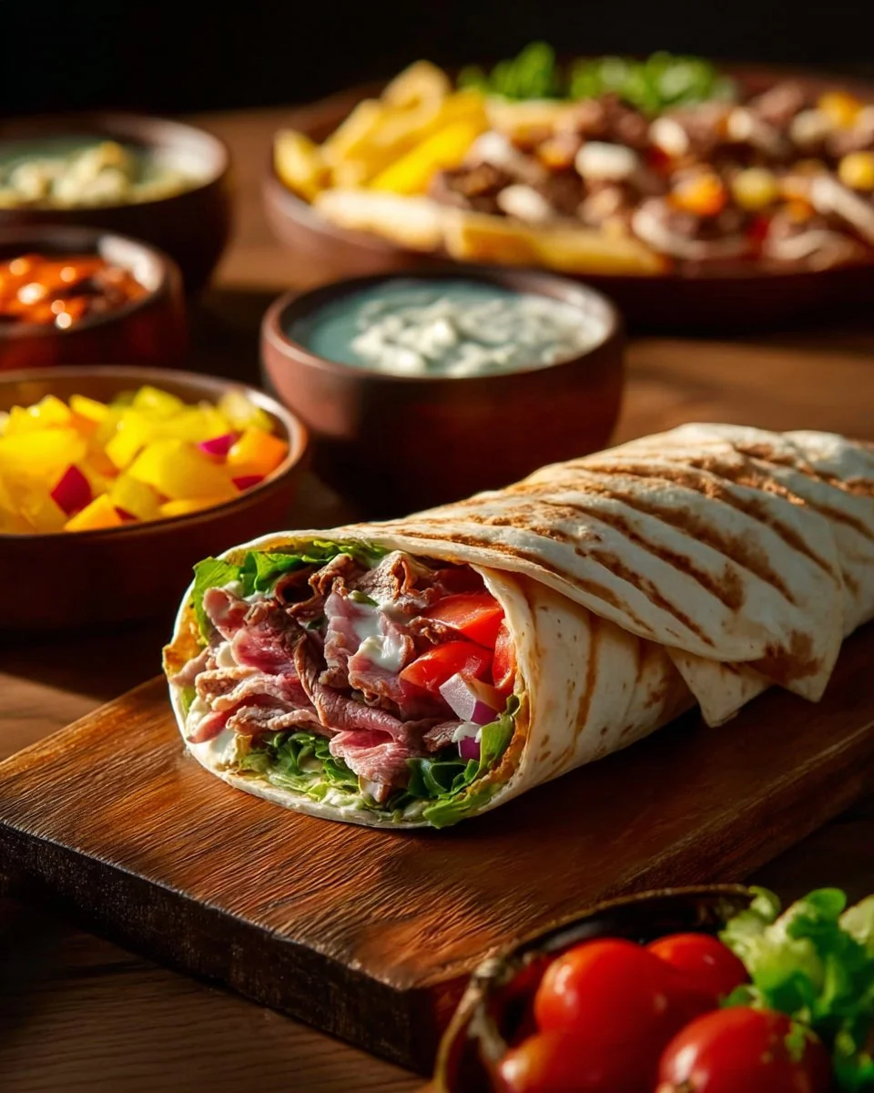 Delicious homemade doner kebab on a plate with fresh vegetables