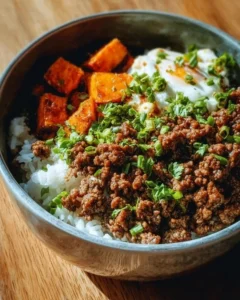 Delicious Ground Beef Hot Honey Bowl topped with fresh ingredients and spices