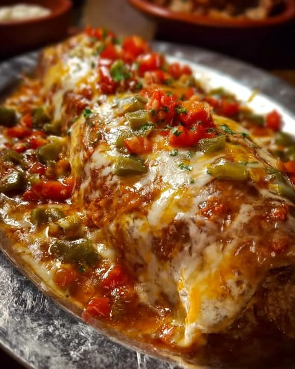 Delicious wet burritos topped with sauce and filled with fresh ingredients