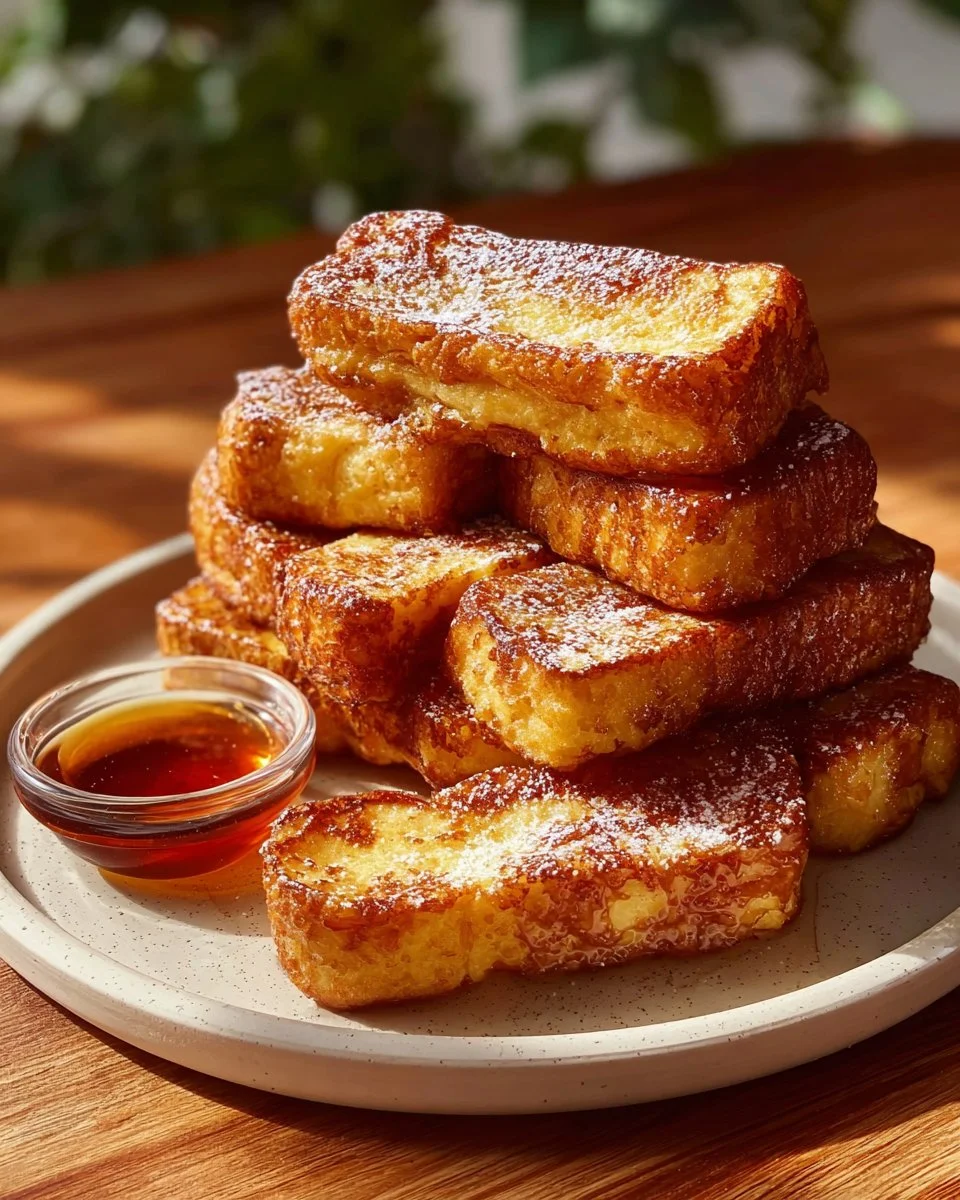 Crispy Air Fryer French Toast Sticks served on a plate with syrup