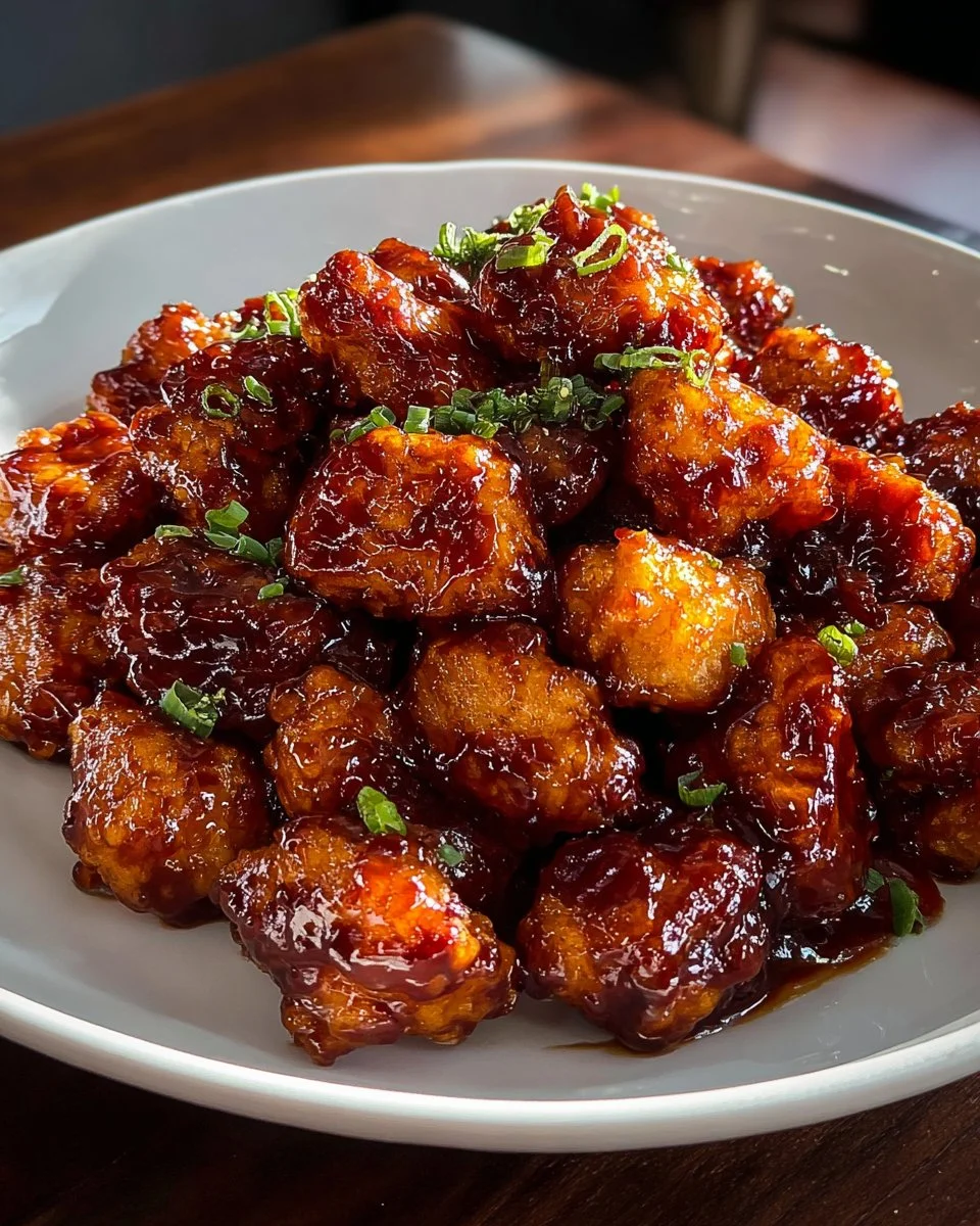 Crispy air fryer honey BBQ chicken bites on a plate