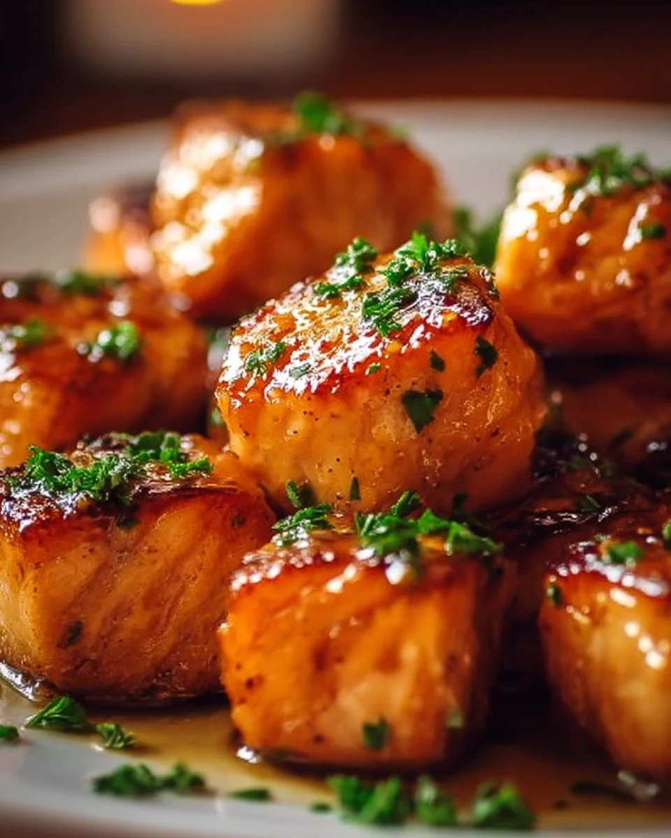 Air Fryer Honey Garlic Salmon Bites served on a plate with fresh herbs.