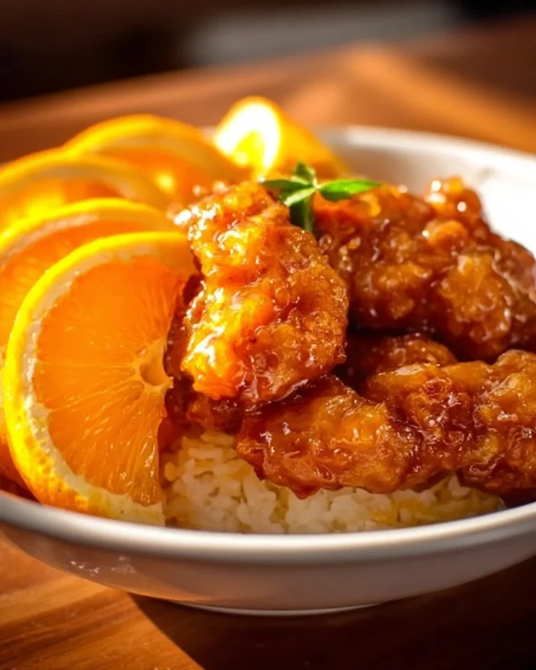 Delicious Air Fryer Orange Chicken served on a plate with vegetables