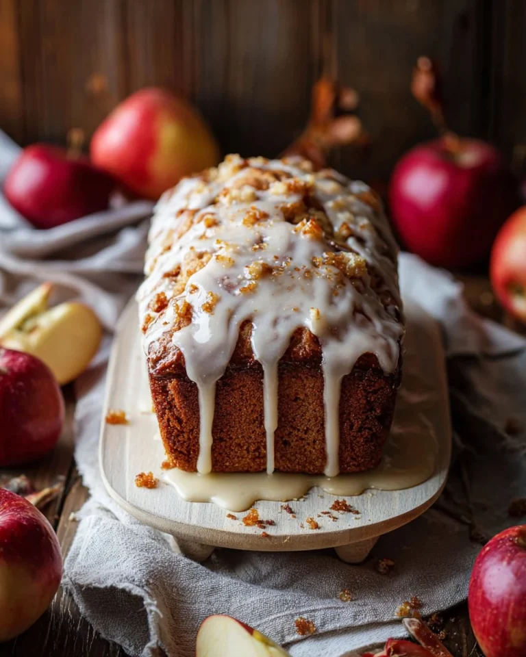 Slice of Amish apple fritter bread with apples and glaze