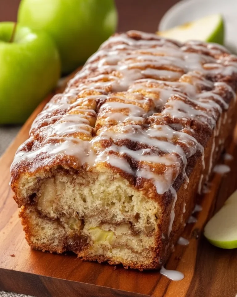 Amish apple fritter loaf cake with apples and spices on a wooden table