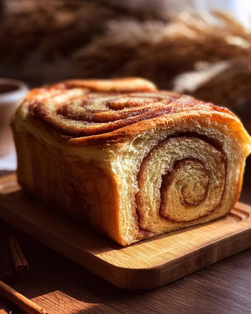 Loaf of Amish Cinnamon Bread with a cinnamon sugar swirl on a wooden table