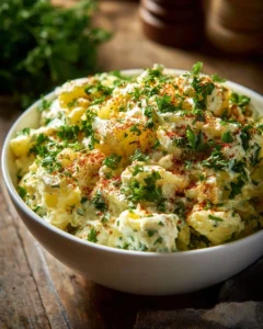 Homemade Amish egg salad served in a bowl with fresh herbs