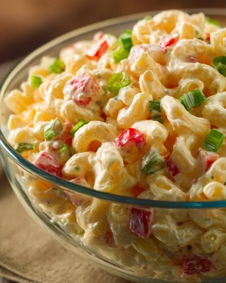 Bowl of homemade Amish Macaroni Salad with colorful vegetables and dressing