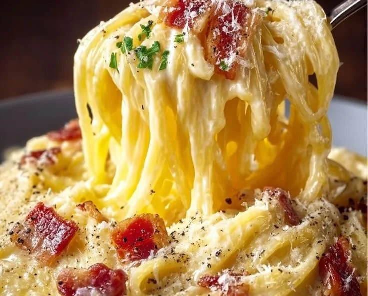 Delicious plate of authentic Carbonara pasta with creamy sauce and pancetta
