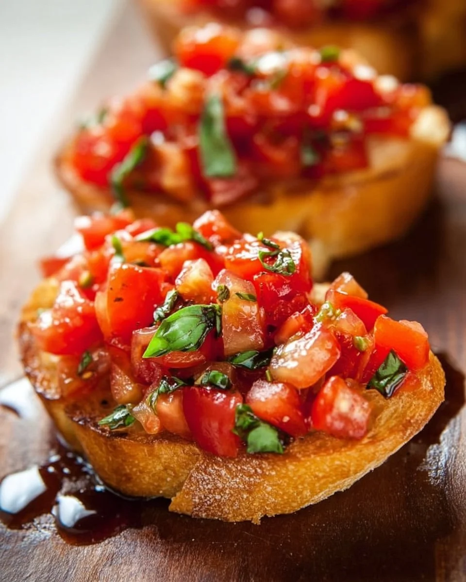 Delicious authentic Italian Bruschetta topped with fresh tomatoes and basil.