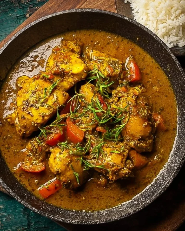Plate of authentic Jamaican curry chicken garnished with herbs