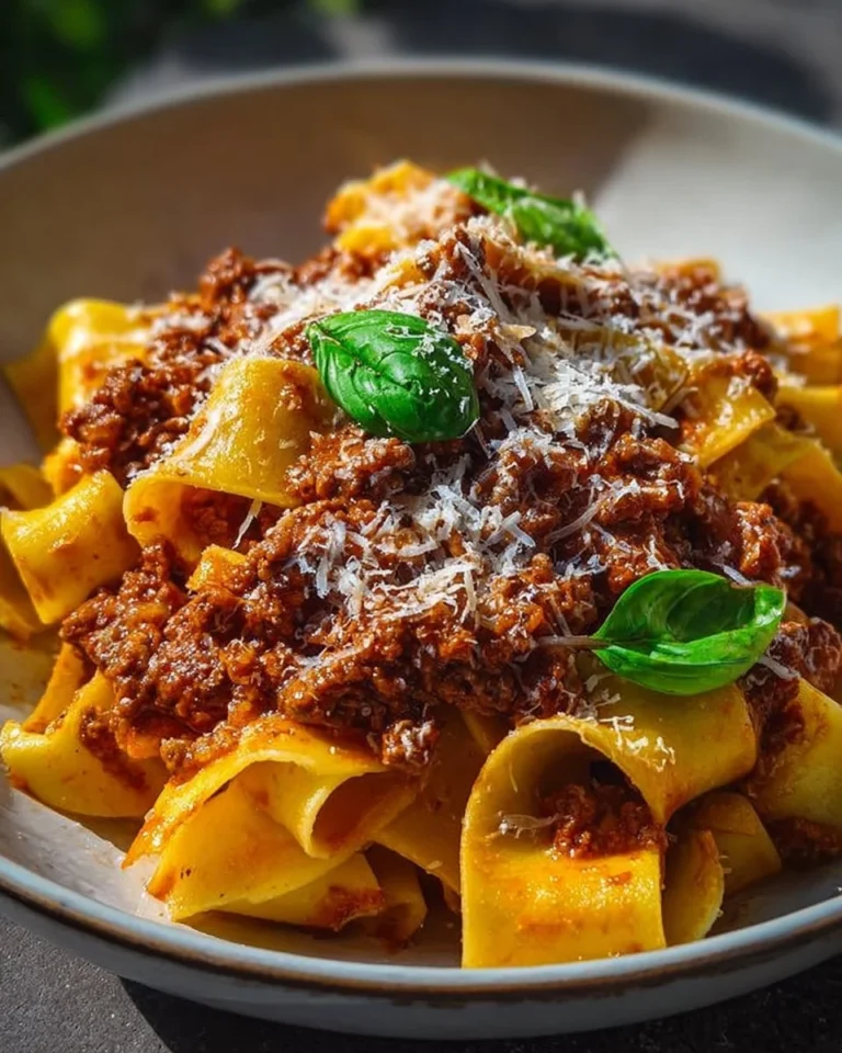 Plate of authentic Pappardelle Bolognese with sauce and herbs