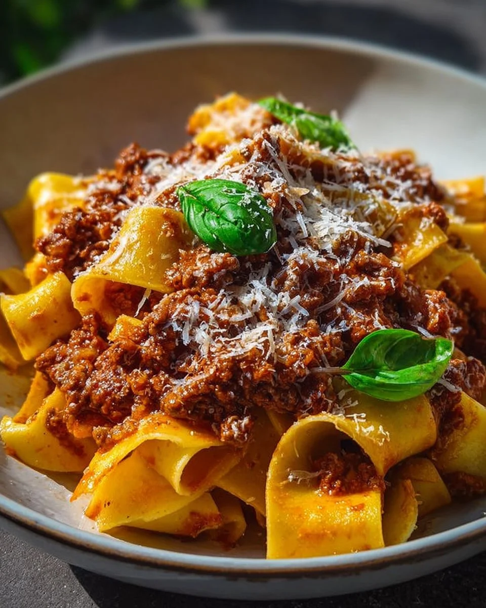 Plate of authentic Pappardelle Bolognese with sauce and herbs