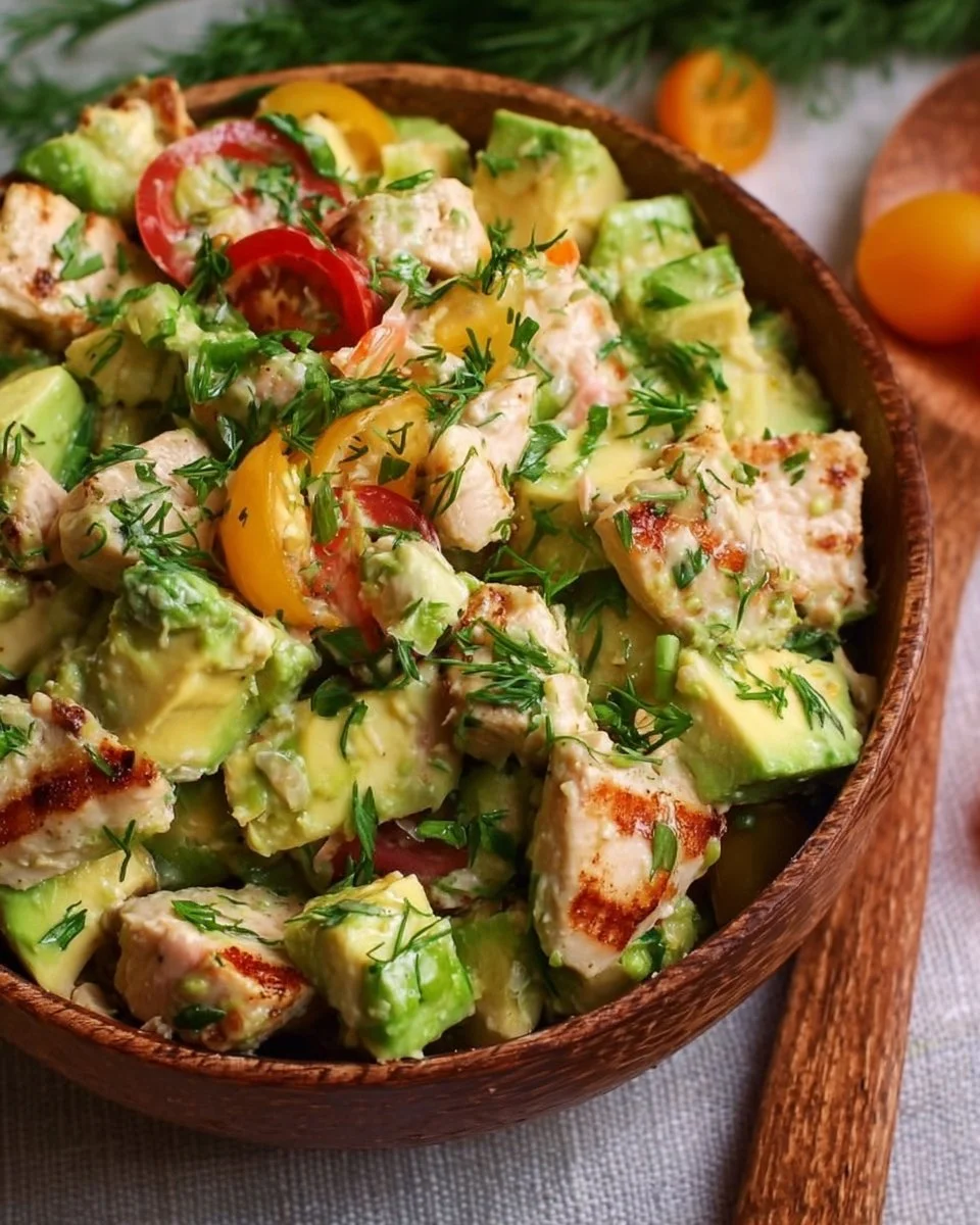 Bowl of healthy avocado chicken salad with fresh ingredients and dressing