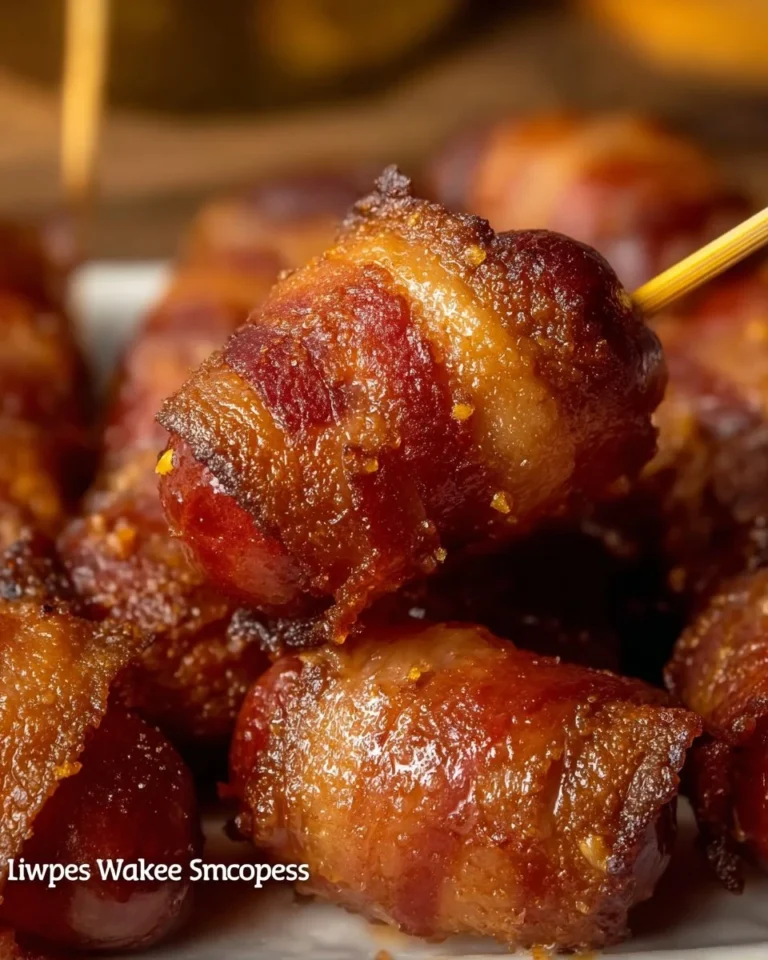 Bacon Wrapped Little Smokies appetizer on a platter garnished with herbs.