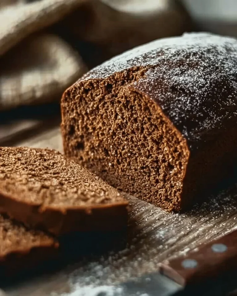 Freshly baked molasses brown bread loaf on a wooden table