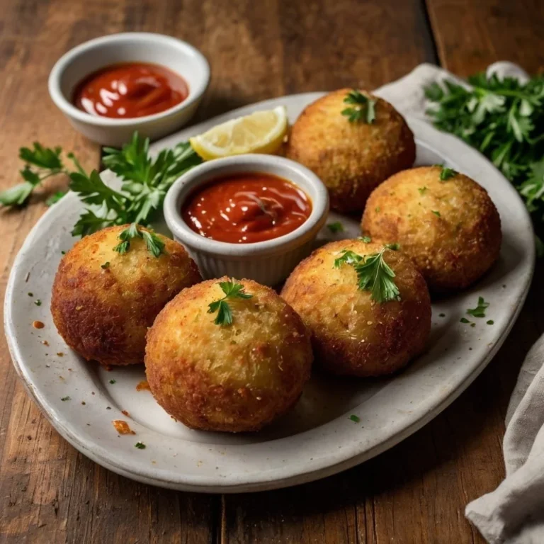 Baked Arancini served with marinara sauce and fresh herbs on a plate.