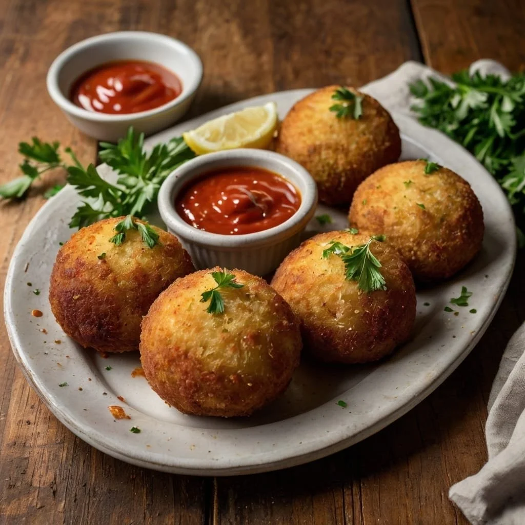 Baked Arancini served with marinara sauce and fresh herbs on a plate.