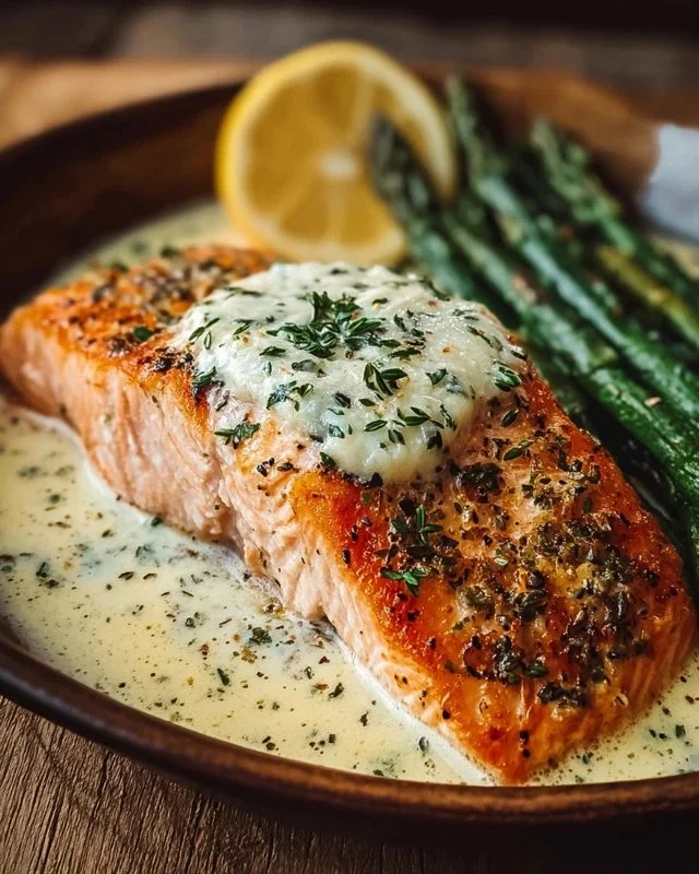 Delicious Baked Boursin Salmon topped with creamy cheese and herbs in a dish.