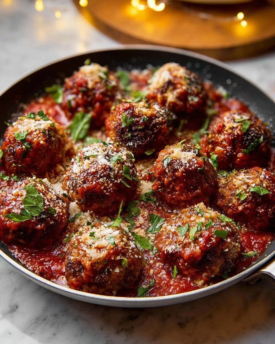 Baked Italian meatballs served on a plate with marinara sauce and parsley garnish.