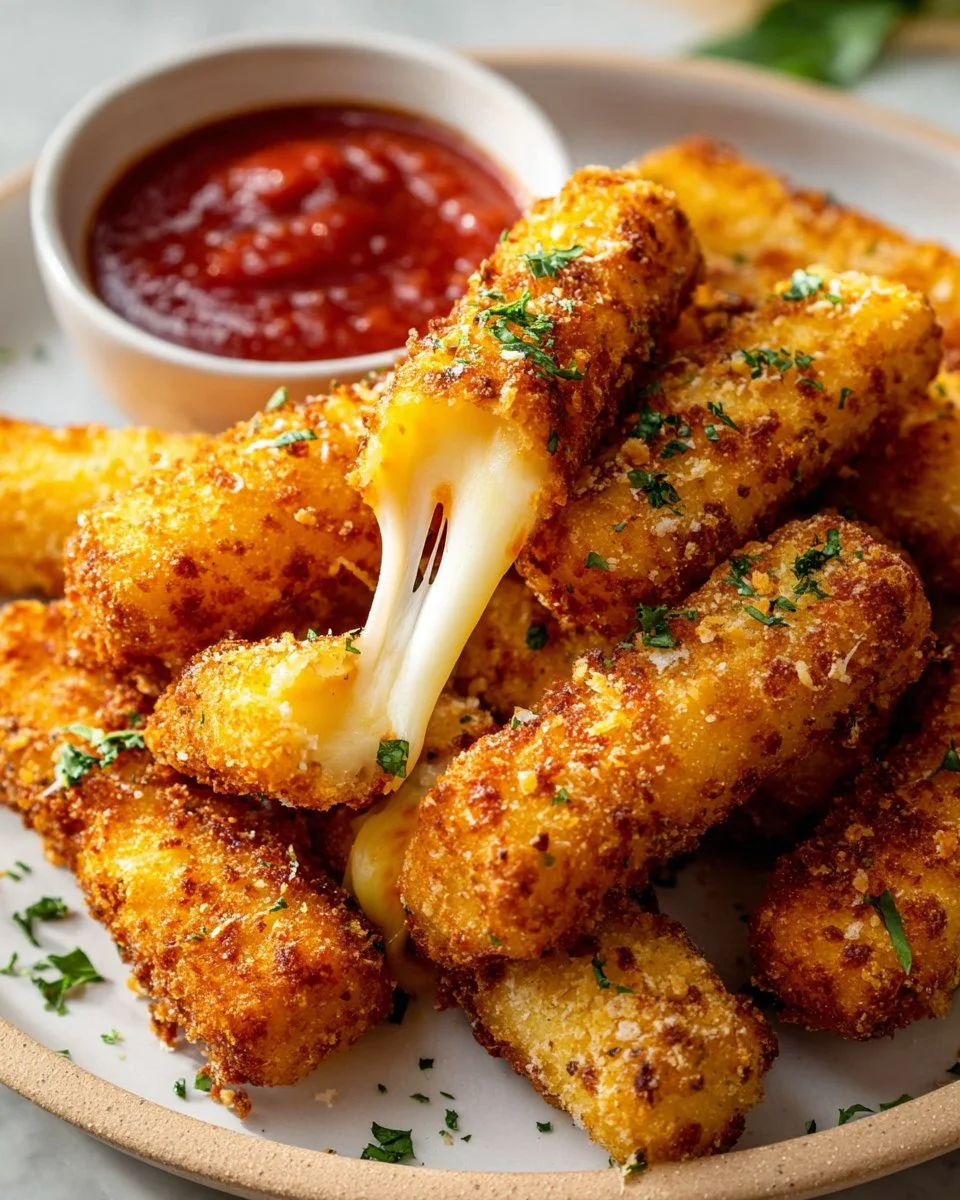 Baked mozzarella sticks served with marinara sauce for dipping.
