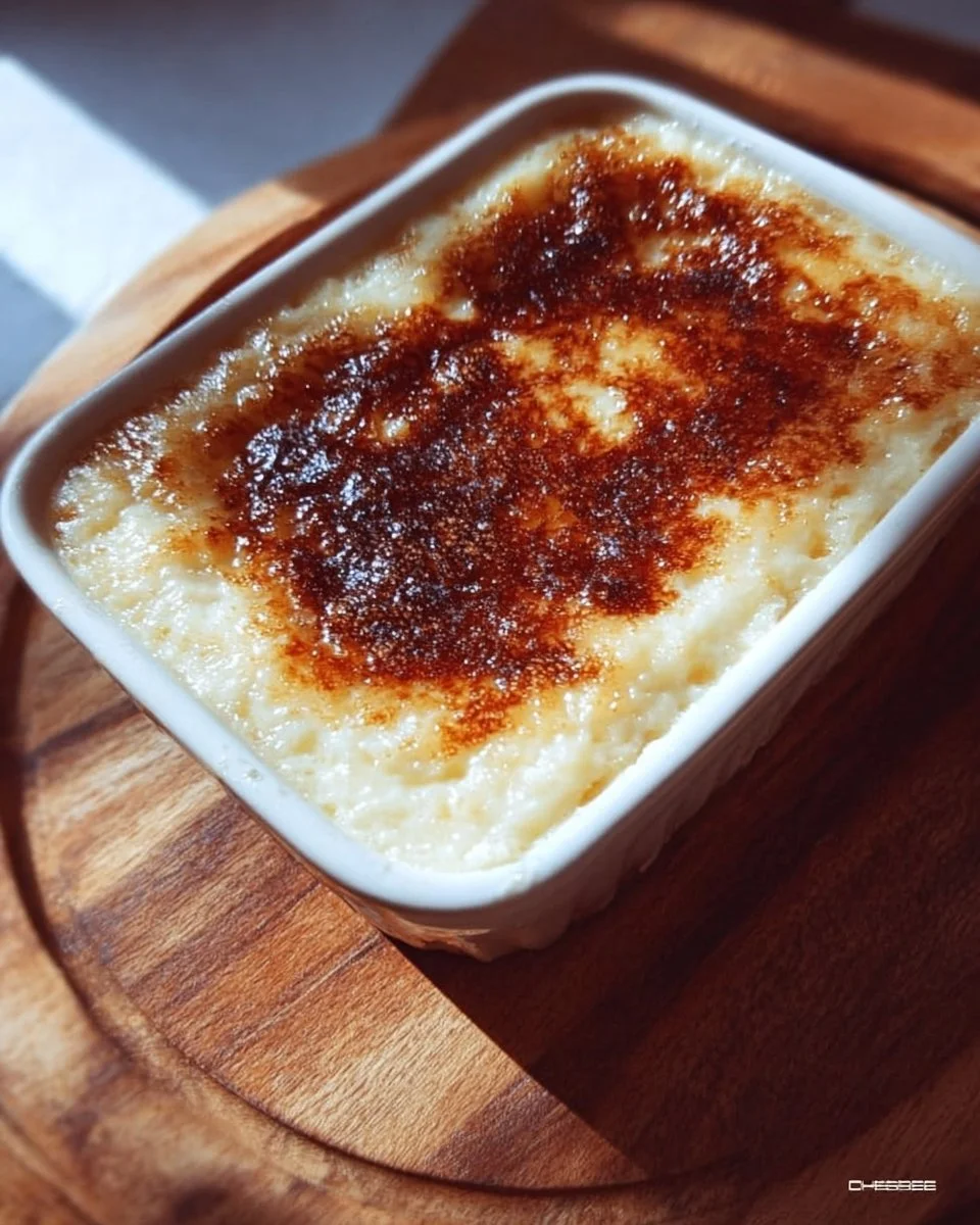 Creamy baked rice pudding topped with cinnamon and nutmeg.