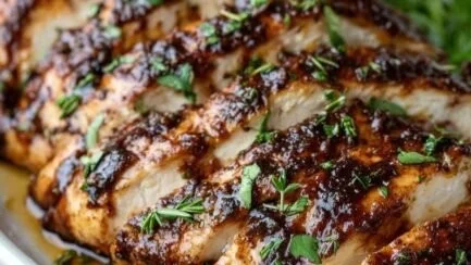Balsamic Baked Chicken Breast garnished with herbs on a plate
