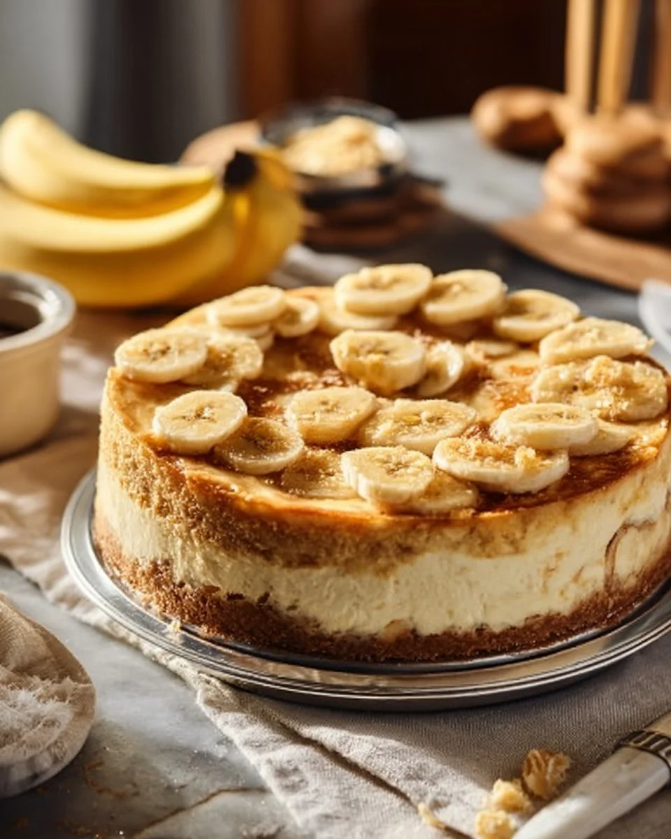 Delicious banana pudding cheesecake topped with whipped cream and banana slices