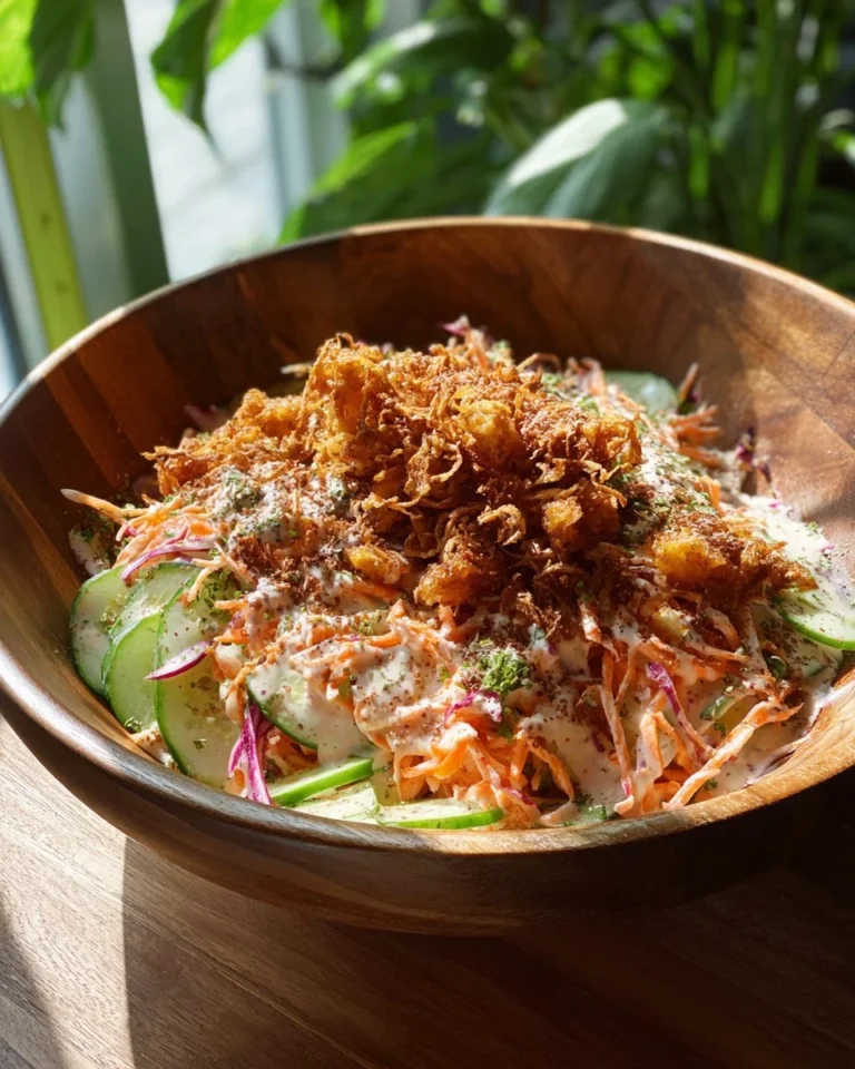 Crispy Rice Salad topped with Bang Bang Chicken and fresh ingredients