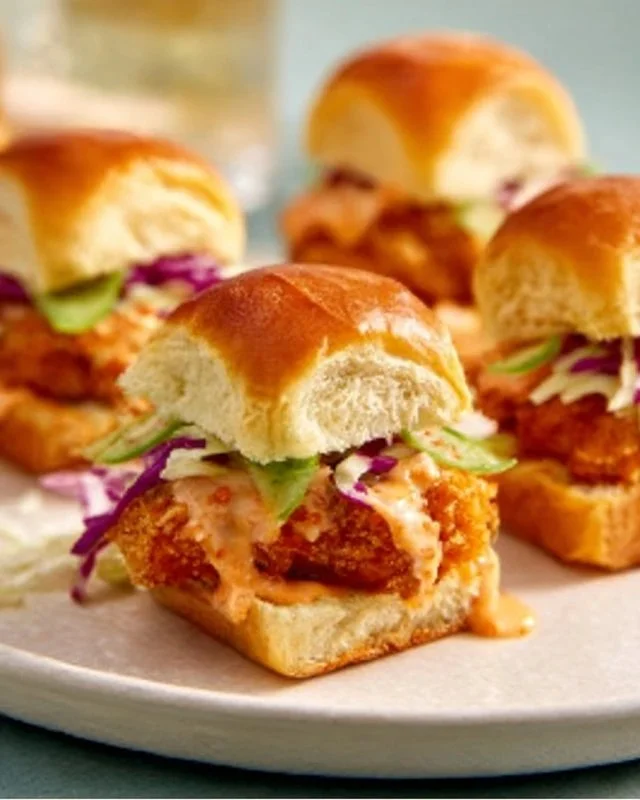 Delicious Bang Bang Chicken Sliders served on a platter