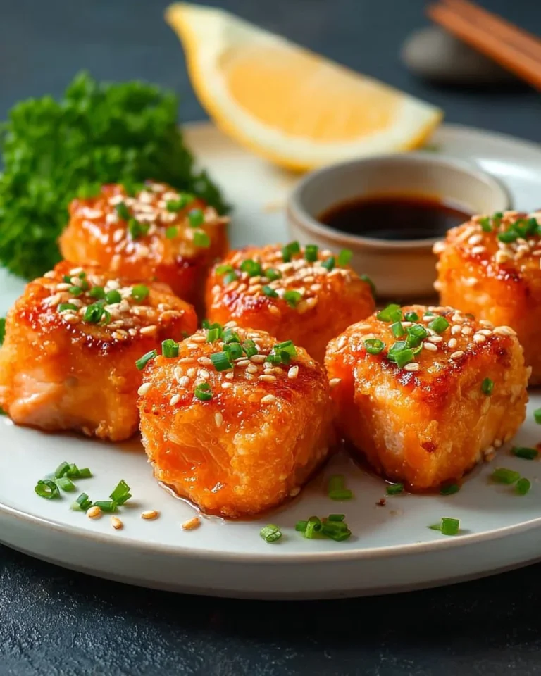 Bang Bang Salmon Bites served on a plate with dipping sauce