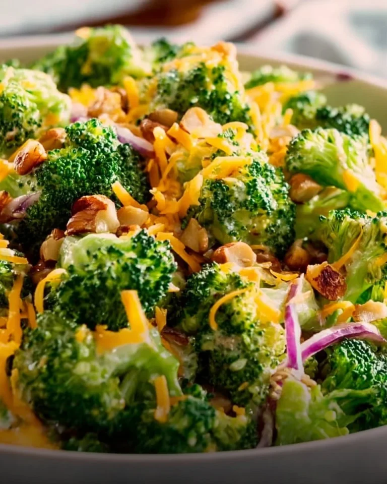 Colorful bowl of broccoli salad with nuts and dressing.