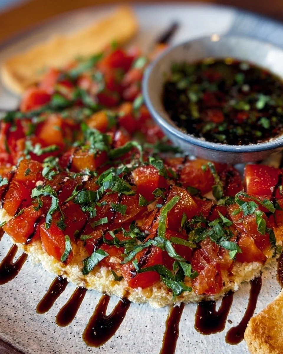 Delicious bruschetta dip served with crispy bread slices