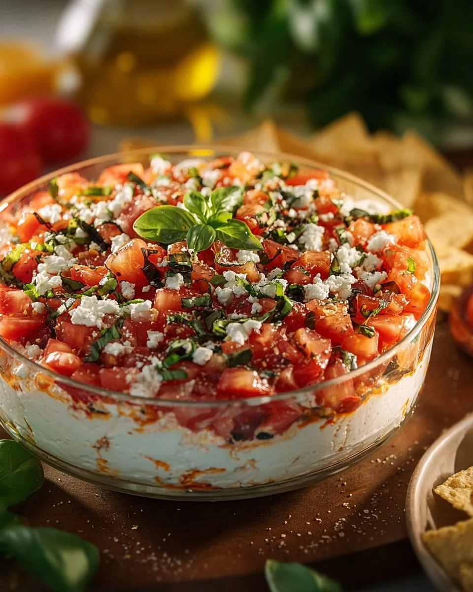 Delicious bruschetta dip served with toasted bread slices