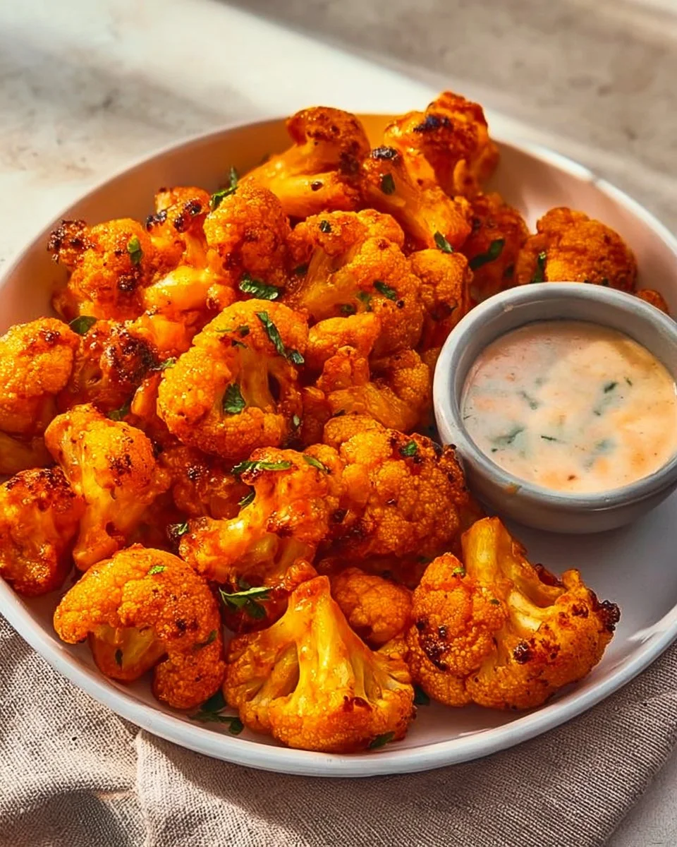 Plate of crispy Buffalo Cauliflower Bites garnished with celery and blue cheese sauce