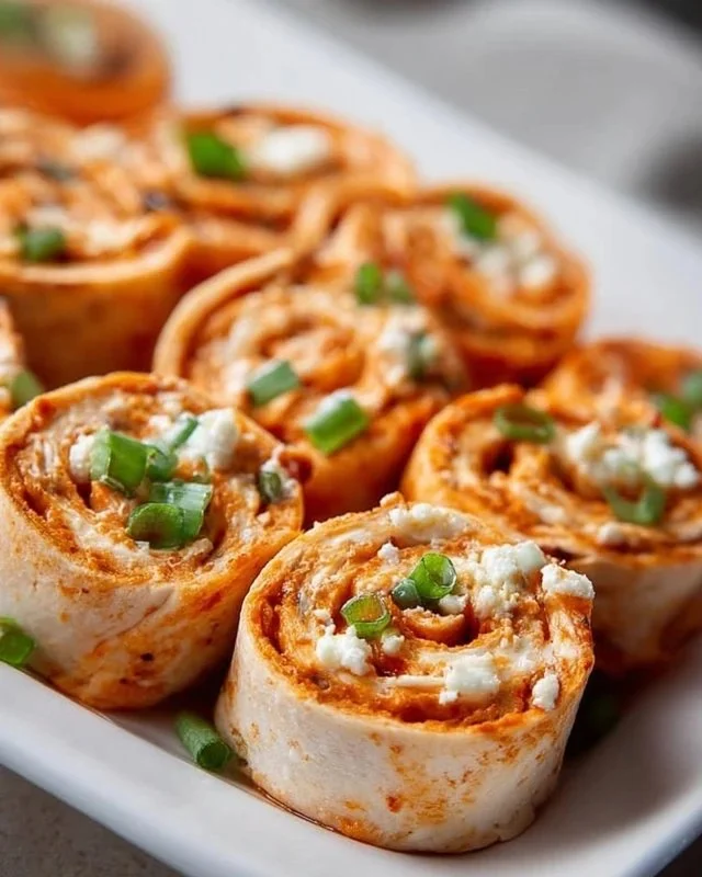 Buffalo Chicken Pinwheels served on a platter, garnished with parsley.