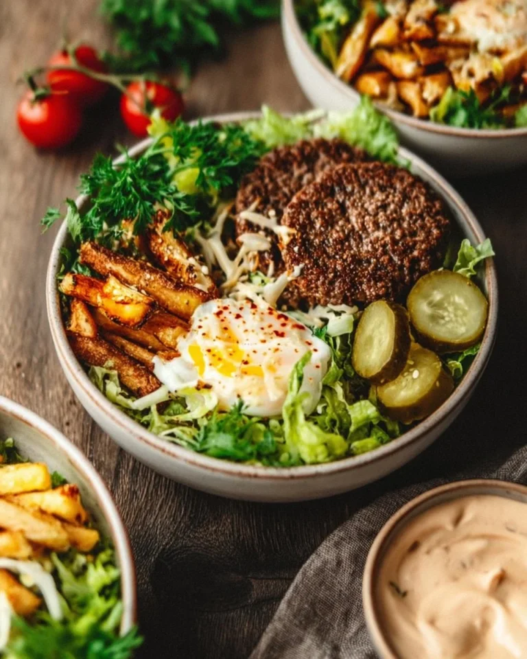 Fresh and colorful Burger Bowl with toppings and ingredients