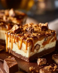 Delicious Butterfinger caramel cheesecake bars topped with caramel sauce and chocolate.