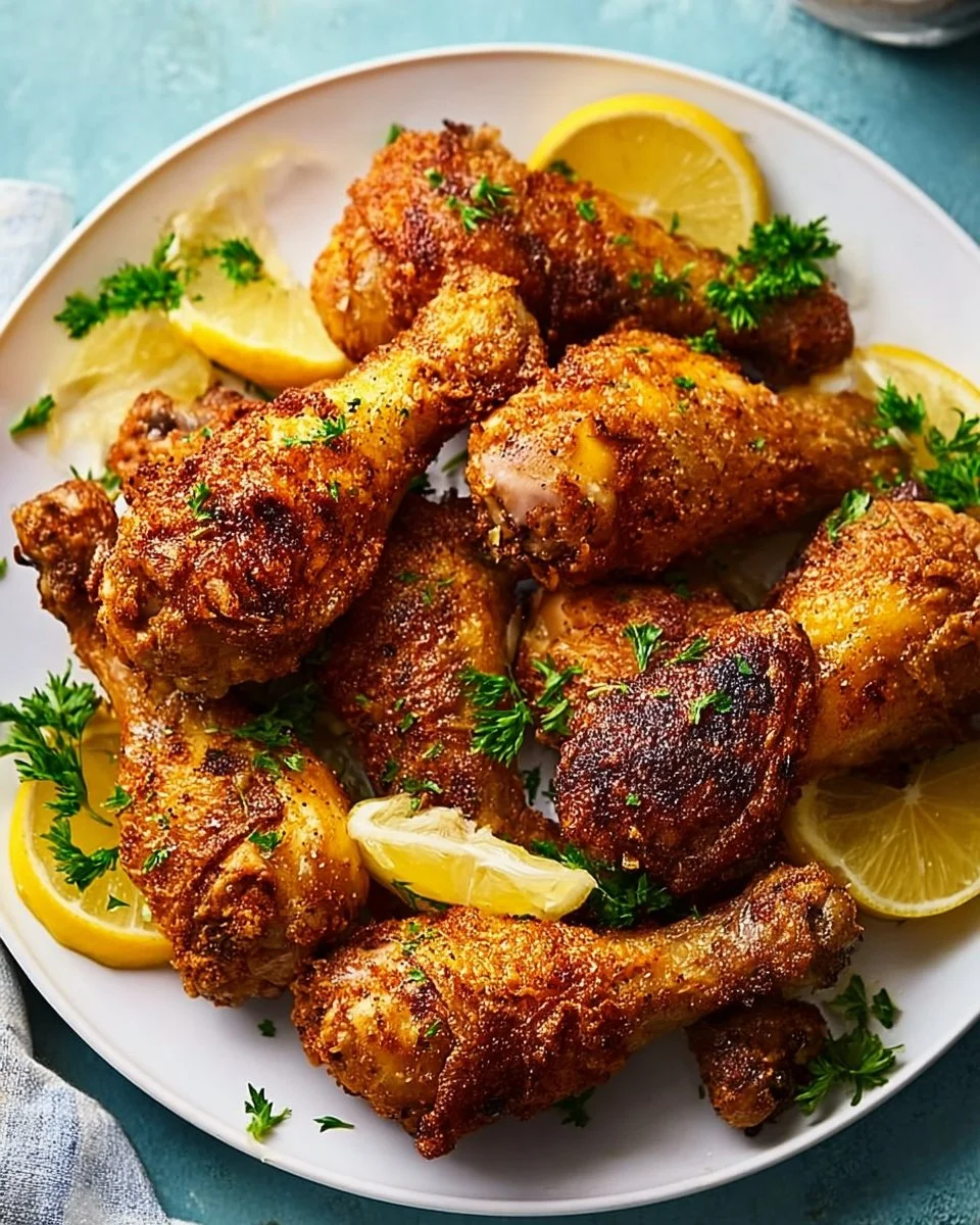 Crispy buttermilk fried chicken legs served on a rustic wooden platter.