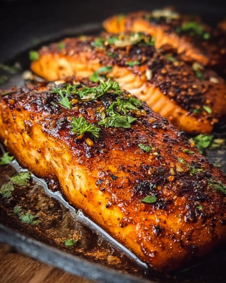 Delicious Cajun Honey Butter Salmon served with fresh herbs and spices.