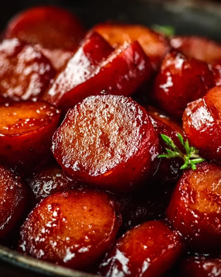 Delicious candied kielbasa bites served on a plate