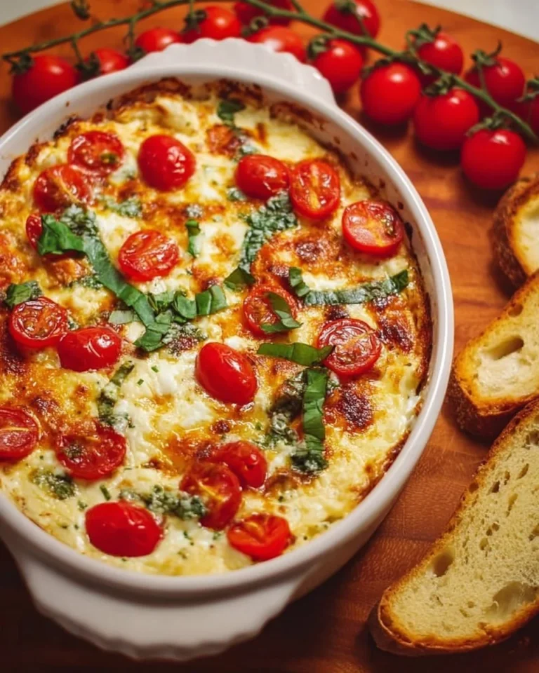 Delicious Caprese Cheese Dip made with fresh mozzarella, tomatoes, and basil