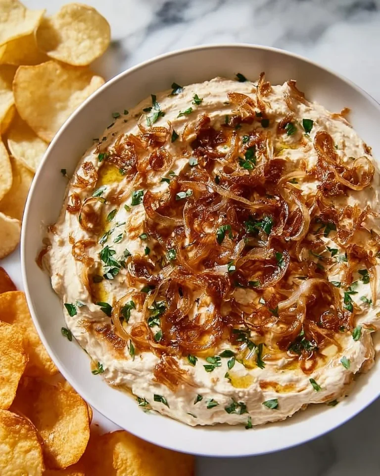 Delicious caramelized onion dip served in a bowl with fresh herbs.